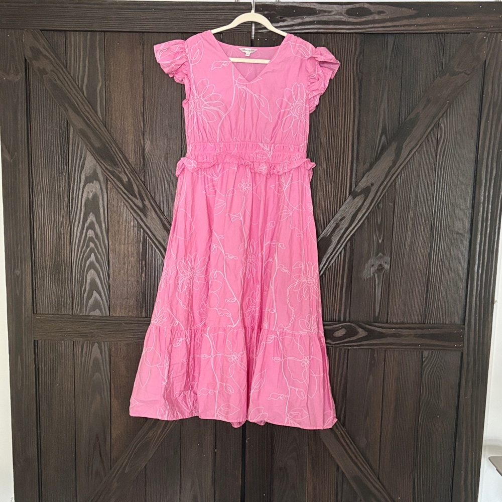 Flutter Sleeve Pink Midi Dress with Floral Embroidery